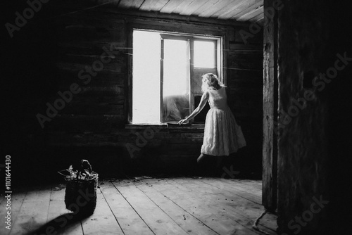 Woman in White Dress by Window in Rustic Room photo