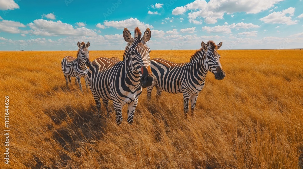 Obraz premium Three zebras standing in golden savanna grassland under bright blue sky. African wildlife scene with herd in natural habitat. Dramatic landscape with white puffy clouds. 8k