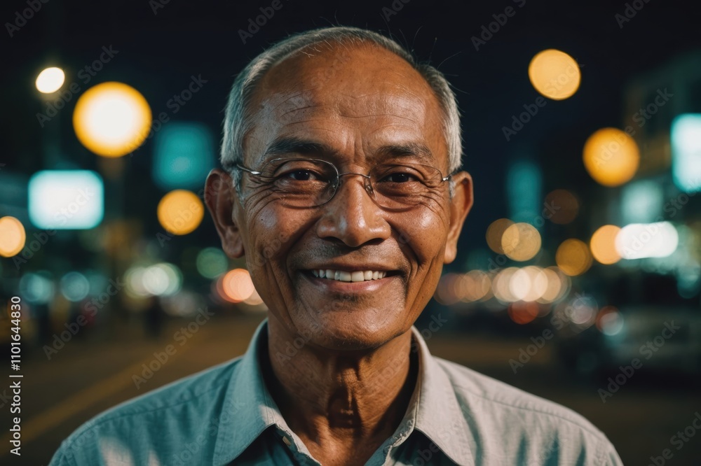 Close portrait of a smiling senior Burmese man looking at the camera, Burmese city outdoors at night blurred background Close portrait of a smiling senior Burmese man looking at the camera, Burmese city outdoors at night blurred background