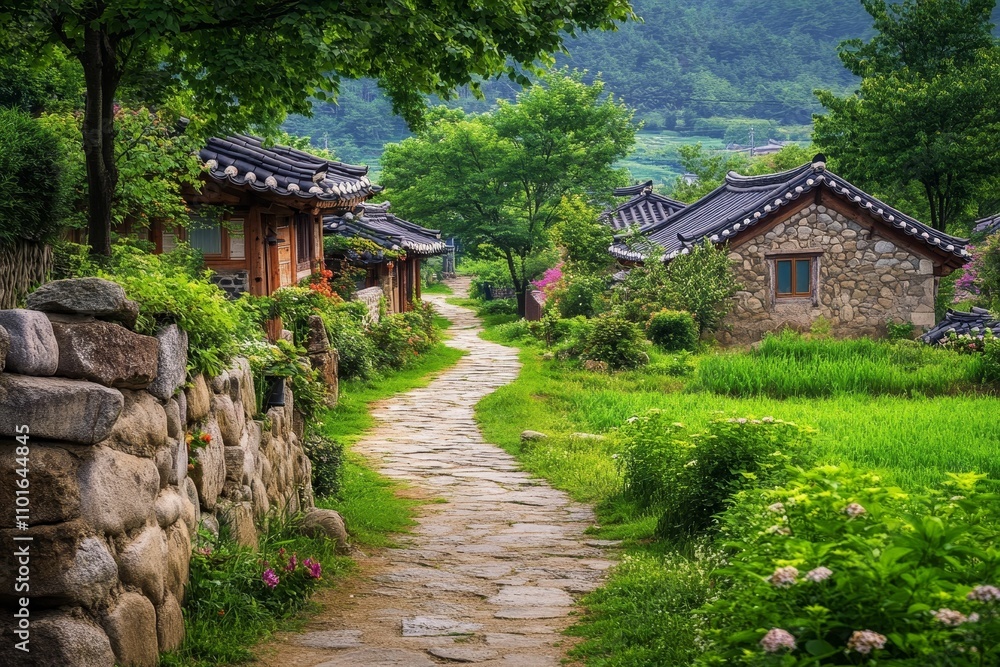 Stone path, lush greenery, traditional Korean houses. Stone path, lush greenery, traditional Korean houses.