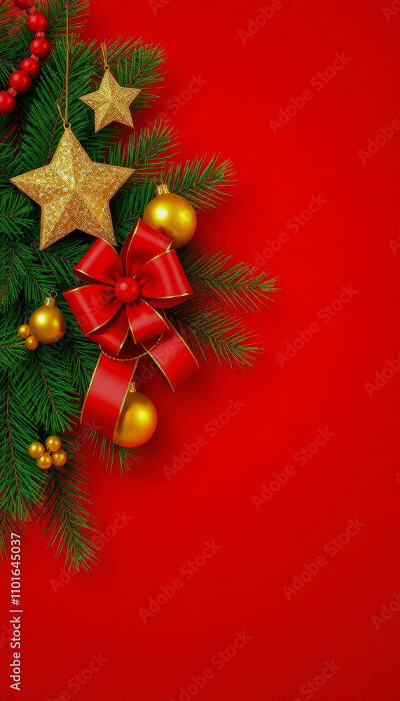 Obraz premium Elegant Christmas Tree Branch with Gold Ornaments and Red Bow