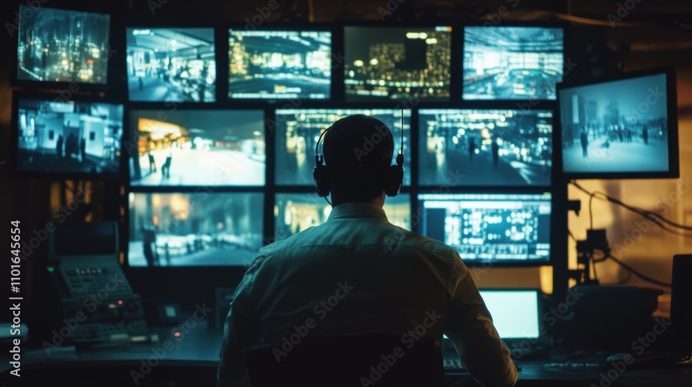 Surveillance Operator Monitoring Multiple Security Screens in High-Tech Control Room for Public Safety, Crime Prevention, and Event Management Surveillance Operator Monitoring Multiple Security Screens in High-Tech Control Room for Public Safety, Crime Prevention, and Event Management