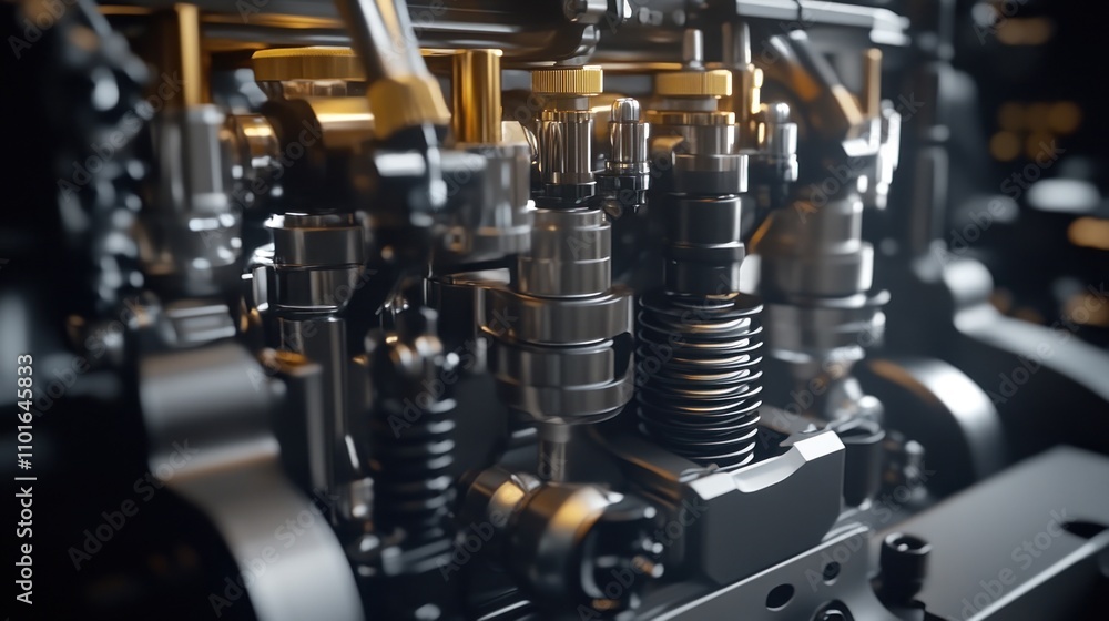 Naklejka premium Interior of a car engine with visible spark plugs, fuel injectors, and cylinder heads. The intricate arrangement highlights the advanced technology of modern engines.