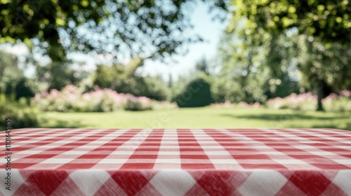 Empty red checkered tablecloth in a garden setting with a blurred summer picnic background, perfect for promotional mockups and outdoor event themes. photo