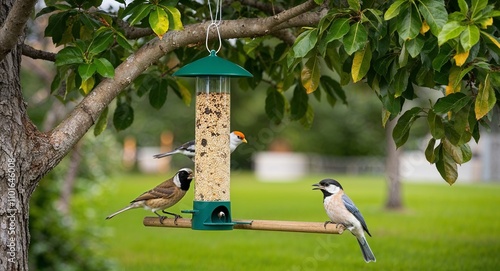 Bird feeders hanging on trees to attract diverse species photo