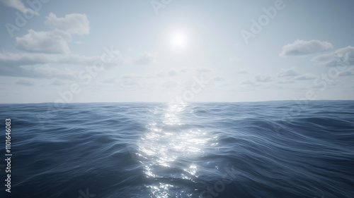 serene view of deep ocean waves reflecting sunlight, creating tranquil atmosphere. gentle ripples and soft clouds enhance peaceful scene