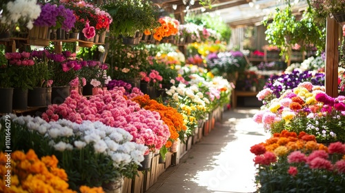 Fototapeta Naklejka Na Ścianę i Meble -  A vibrant flower market filled with colorful blooms and lush greenery, inviting visitors to explore.