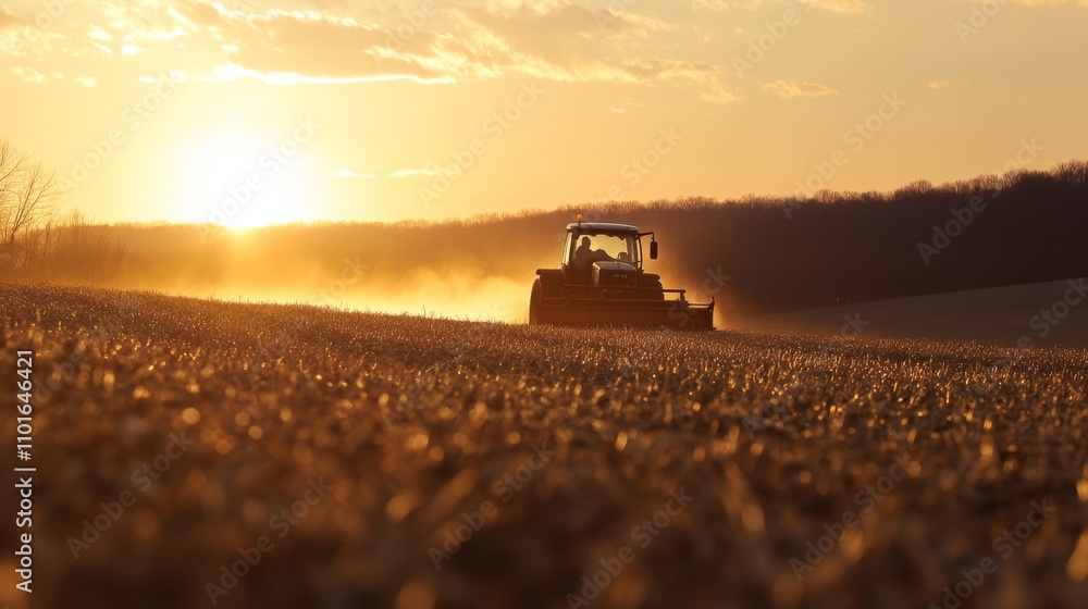 Fototapeta premium A tractor plows through a golden field at sunset on a Maryland farm, with the sky ablaze in warm colors, illustrating the hard work and beauty of rural life.