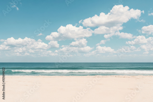 Relaxing summer beach with gentle waves, warm sunshine, and pristine sand, perfect for tropical getaway themes.