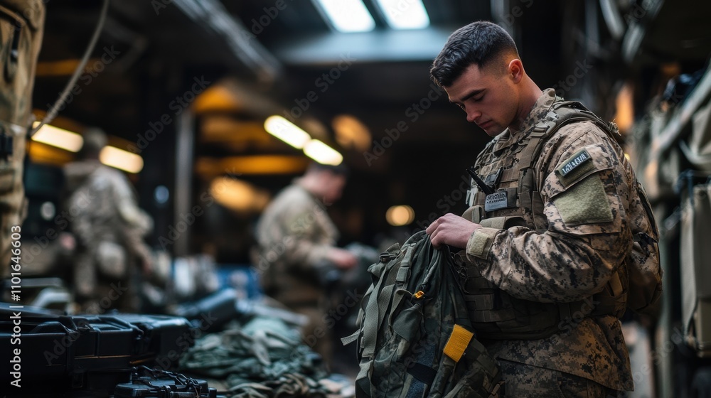 Military Personnel Organizing Gear in Army Warehouse, Focused Soldier Preparing Equipment for Deployment in Tactical Environment with Camouflage Uniforms Military Personnel Organizing Gear in Army Warehouse, Focused Soldier Preparing Equipment for Deployment in Tactical Environment with Camouflage Uniforms