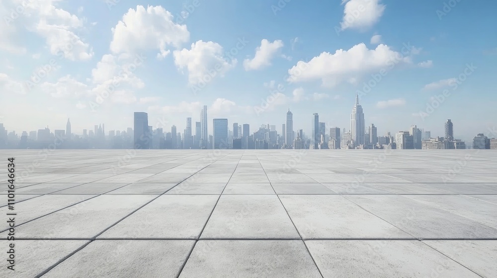 Spacious empty concrete tiled floor showcasing a clear city skyline under a blue sky with scattered clouds in the background. Spacious empty concrete tiled floor showcasing a clear city skyline under a blue sky with scattered clouds in the background.