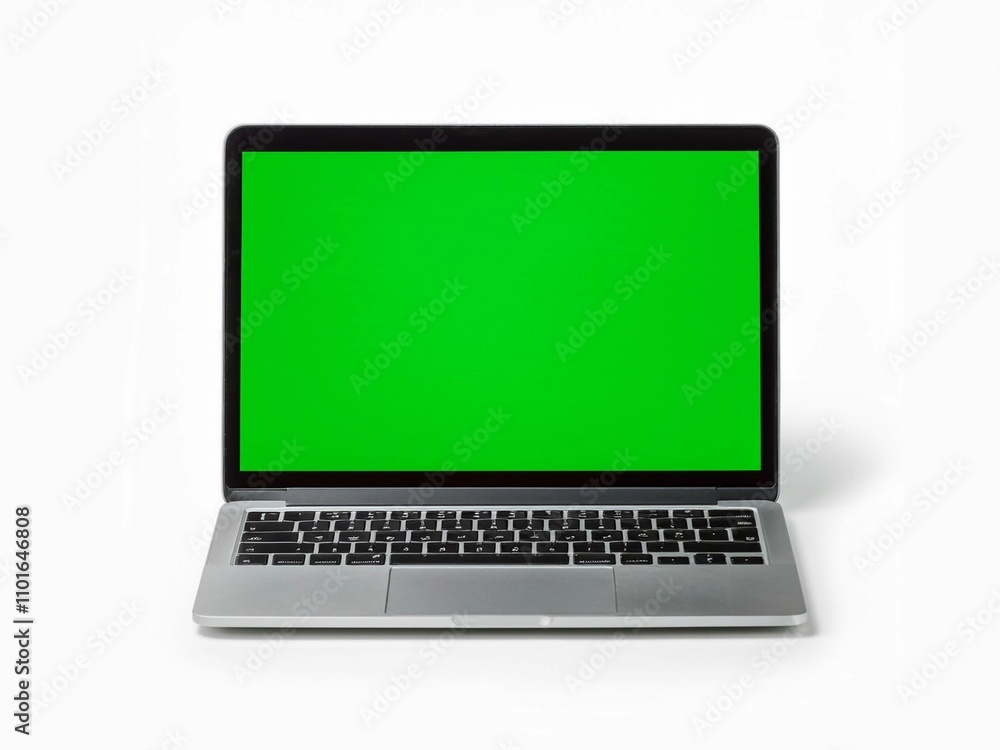 A laptop with green screen isolated on white background with clipping path A laptop with green screen isolated on white background with clipping path