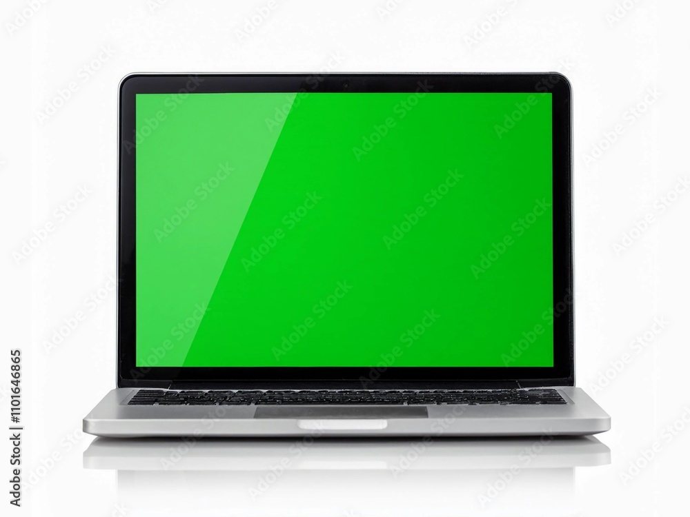 A laptop with green screen isolated on white background with clipping path A laptop with green screen isolated on white background with clipping path