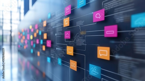 A visually engaging wall display featuring colorful icons and interconnected lines, showcasing a network or flow of information in a modern environment.