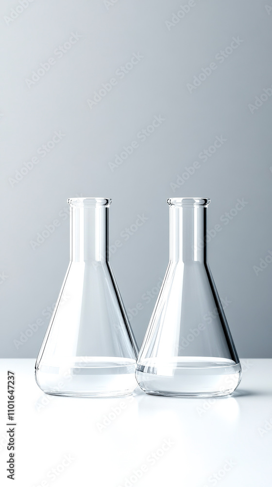 Two clear laboratory flasks sit on a white surface against a soft gray background, showcasing a minimalist scientific aesthetic. Two clear laboratory flasks sit on a white surface against a soft gray background, showcasing a minimalist scientific aesthetic.