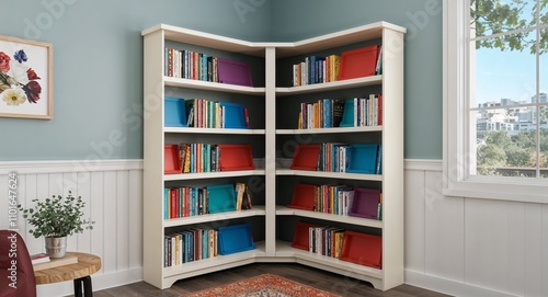 Corner bookcase with adjustable shelves filled with colorful books