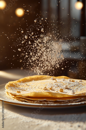 Crêpes saupoudrées de sucre en poudre en explosion dans l'air photo