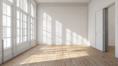 Wallpaper Mural Scandinavian style 3D mockup of an empty room with white walls and light wooden flooring, featuring large windows casting shadows, ideal for interior design presentations. Torontodigital.ca