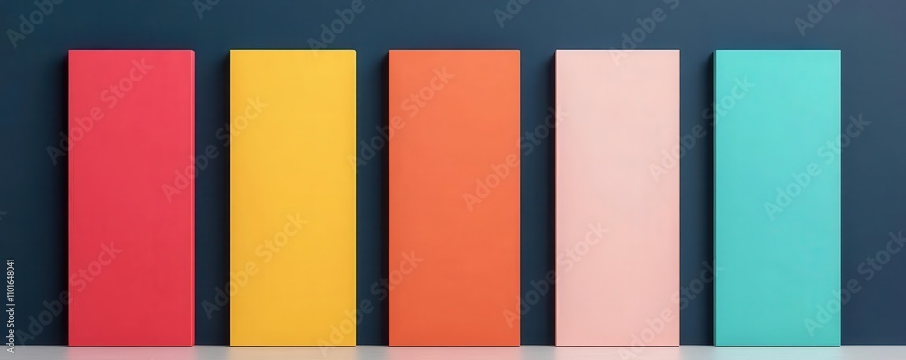Fototapeta premium A vibrant arrangement of colorful panels against a dark wall, showcasing a spectrum of bright hues from red to teal.
