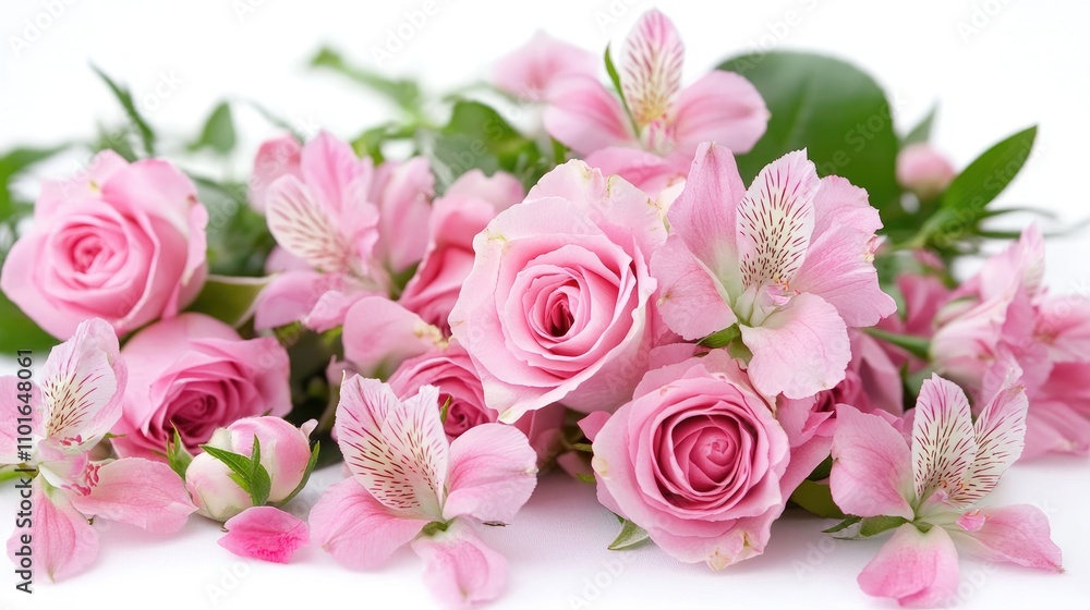 Delicate pink roses entwined with vibrant alstroemeria blossoms arranged elegantly on a bright white background.
