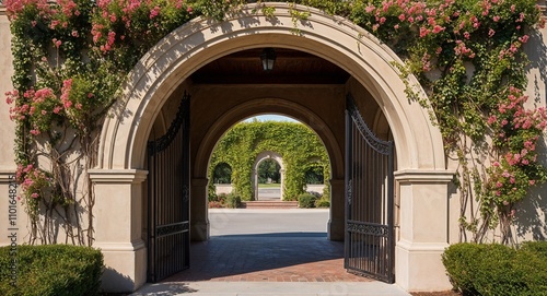 Decorative arches at entrances covered with flowering vines