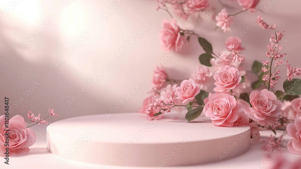 Floral podium backdrop adorned with lush pink garden roses, perfect for highlighting spring and summer beauty products for romantic events and gifts. Floral podium backdrop adorned with lush pink garden roses, perfect for highlighting spring and summer beauty products for romantic events and gifts.
