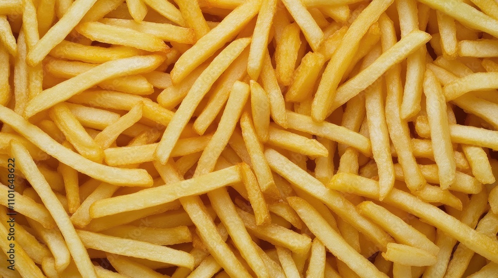 Close-up view of golden, crispy French fries arranged in a deep fryer, showcasing their enticing texture and color during preparation. Close-up view of golden, crispy French fries arranged in a deep fryer, showcasing their enticing texture and color during preparation.