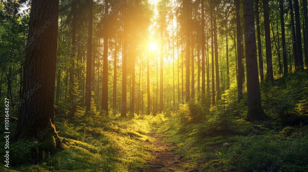 Sunlight shining through the trees in a lush forest.