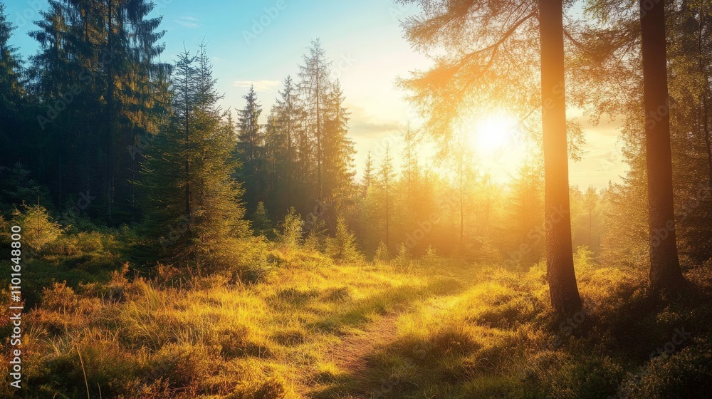 Obraz premium Sunrise in a beautiful pine forest.