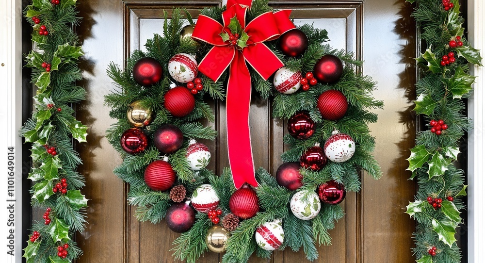Door wreath made with holly baubles and a festive red bow Door wreath made with holly baubles and a festive red bow