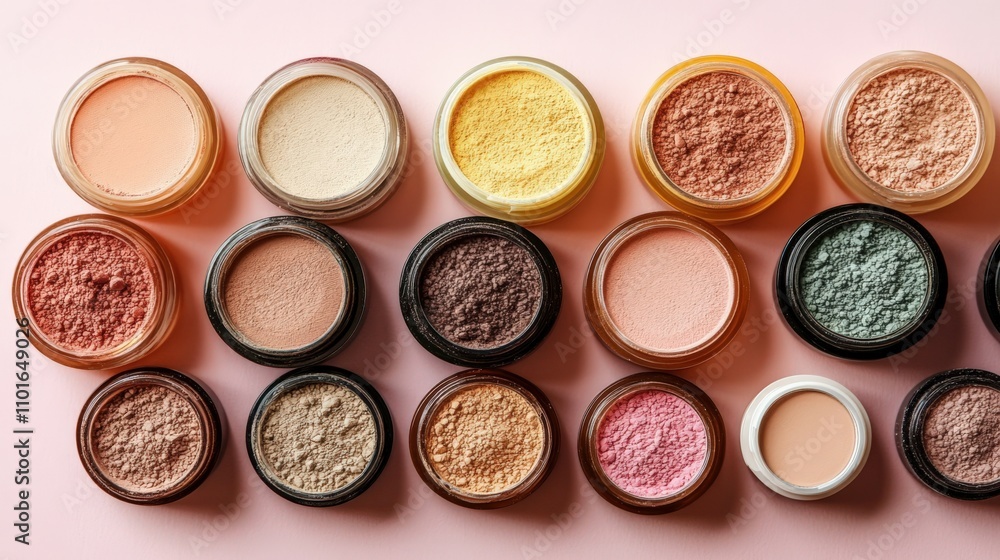 Colorful Cosmetic Powder Collection on Pink Background Colorful Cosmetic Powder Collection on Pink Background