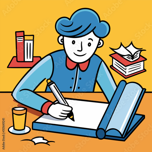 Person Writing in a Notebook at a Desk - Illustration