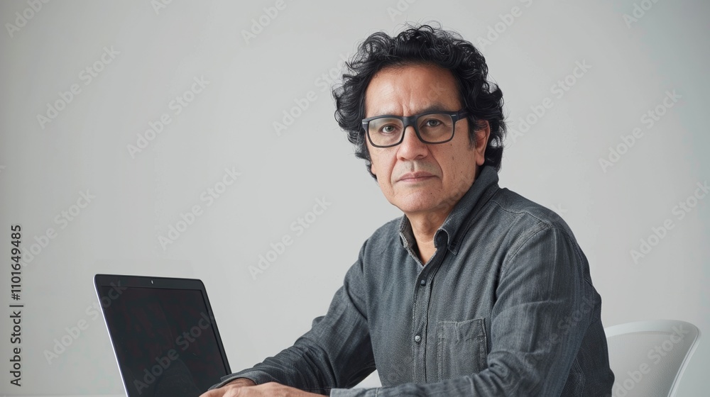 A man with glasses and dark hair dressed in a dark gray shirt sits at a desk with a laptop in front Of him.
