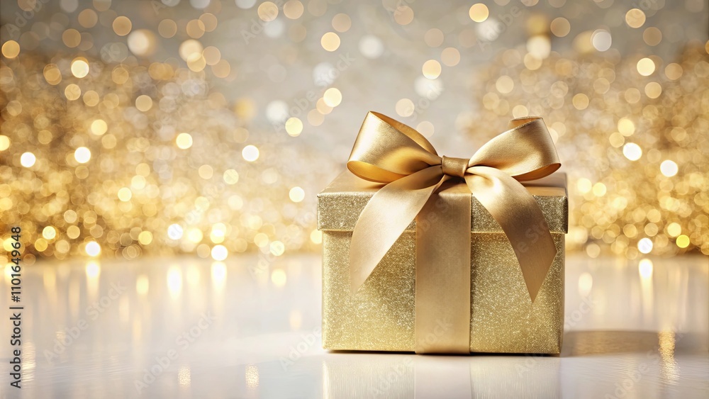 A shimmering gold gift box with a satin ribbon, set against a backdrop of sparkling lights, perfect for celebratory occasions. A shimmering gold gift box with a satin ribbon, set against a backdrop of sparkling lights, perfect for celebratory occasions.