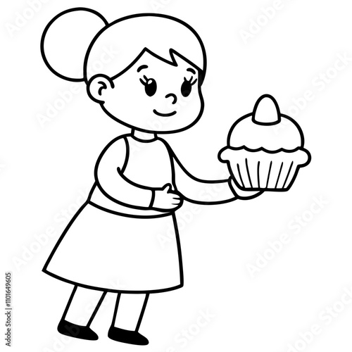 little girl serving cupcake cartoon illustration