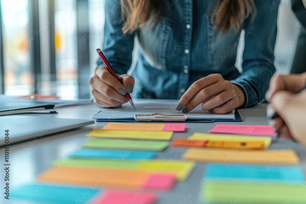 Business consultant explaining a recruitment plan, client jotting down notes, minimalist workspace, photo-realistic, HR-focused consultancy Business consultant explaining a recruitment plan, client jotting down notes, minimalist workspace, photo-realistic, HR-focused consultancy
