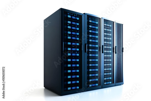 A modern data server rack displaying multiple servers with illuminated components, reflecting advanced technology and efficient data management.