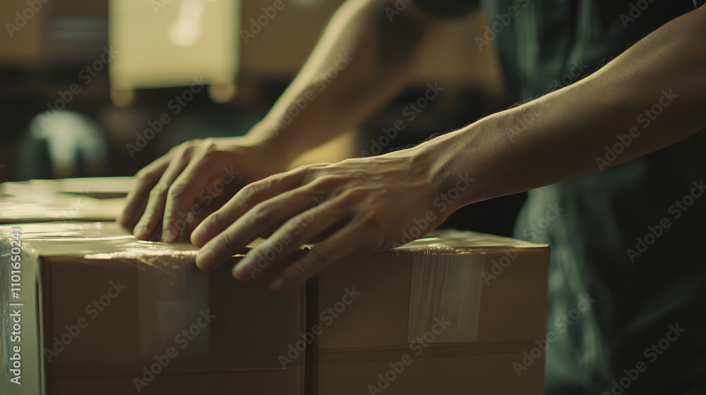 Obraz premium A person sealing cardboard boxes with tape in a warehouse setting.