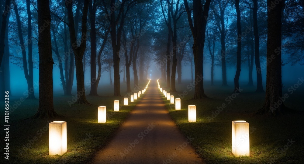 Obraz premium Fogfilled pathways with eerie lighting for nighttime adventures