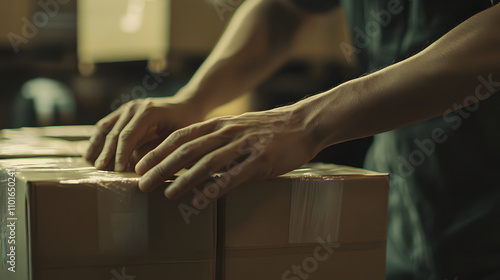 A person sealing cardboard boxes with tape in a warehouse setting.