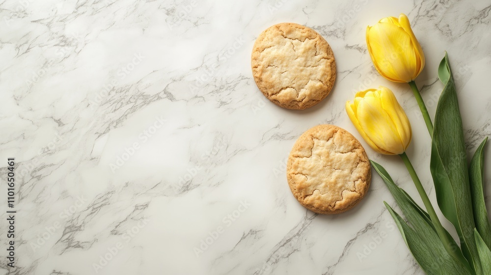 Easter background with cookie lettering and vibrant yellow tulips on a sleek marble surface, creating a festive and inviting ambiance. Easter background with cookie lettering and vibrant yellow tulips on a sleek marble surface, creating a festive and inviting ambiance.