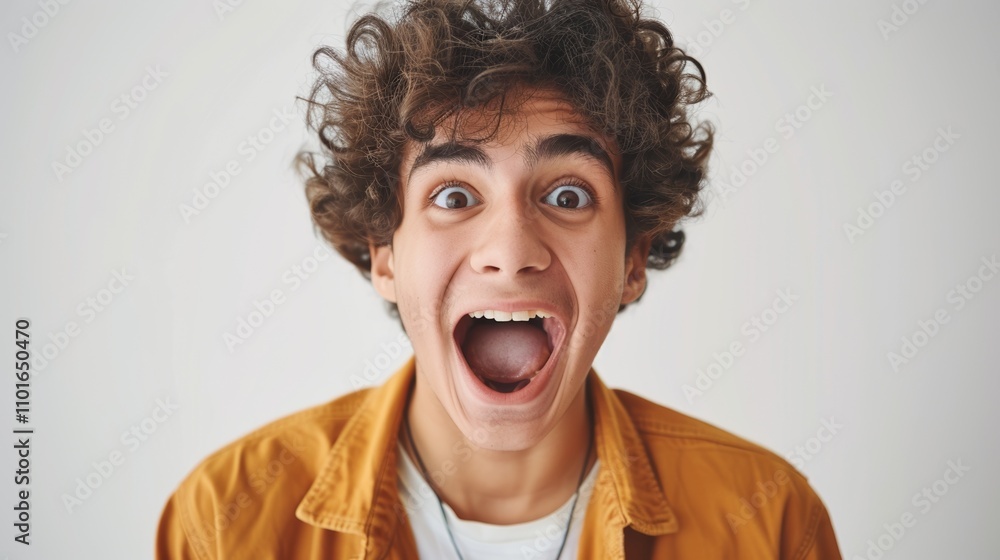 The image depicts a young man with a shocked expression showcasing his wide-open mouth and bulging eyes. The image depicts a young man with a shocked expression showcasing his wide-open mouth and bulging eyes.