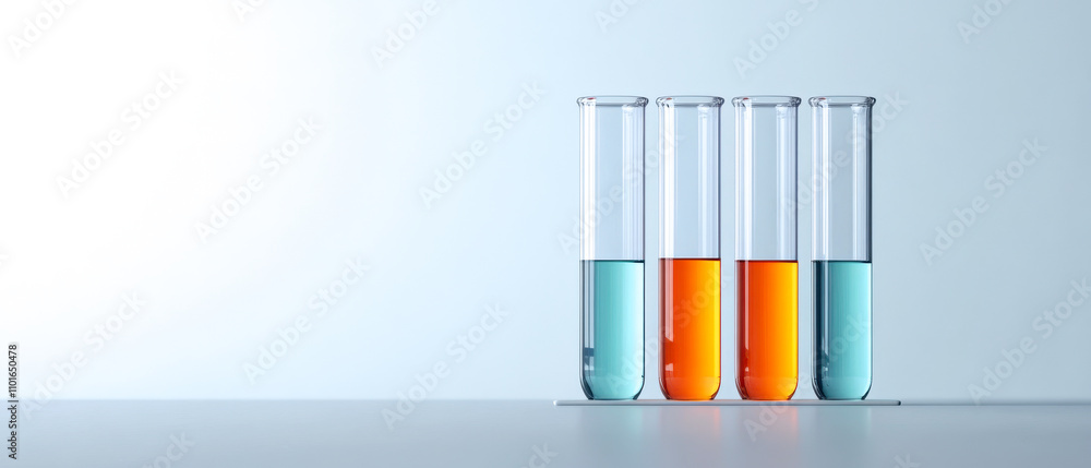 Four glass test tubes containing liquids of varying colors-blue, orange, and clear-set against a minimalist background. Four glass test tubes containing liquids of varying colors-blue, orange, and clear-set against a minimalist background.