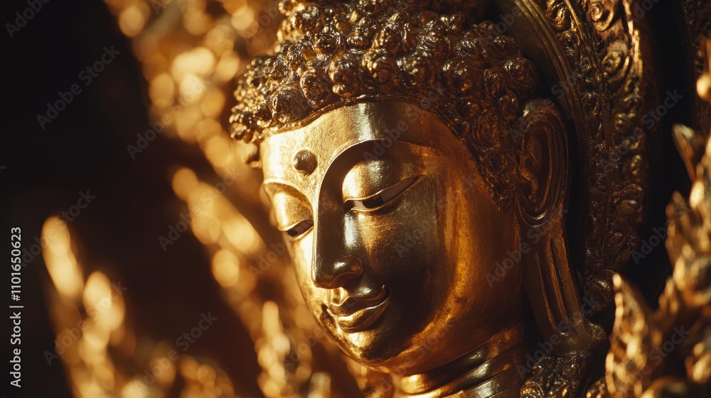Obraz premium Phra Buddha Chinnarat, one of Thailand most revered Buddha images, enshrined in Wat Phra Sri Rattana Mahathat. The intricate golden craftsmanship glows under soft temple lighting.