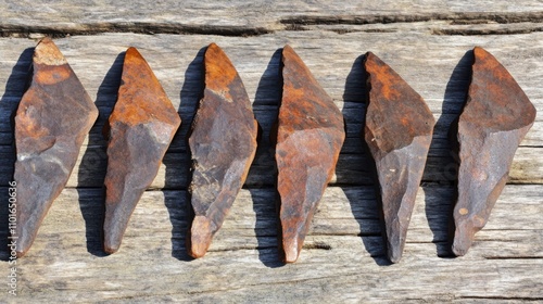  Close-up of ancient stone tools, sharp flint knives, and polished axes on a weathered wooden surface, symbolizing prehistoric craftsmanship and the dawn of human ingenuity. photo