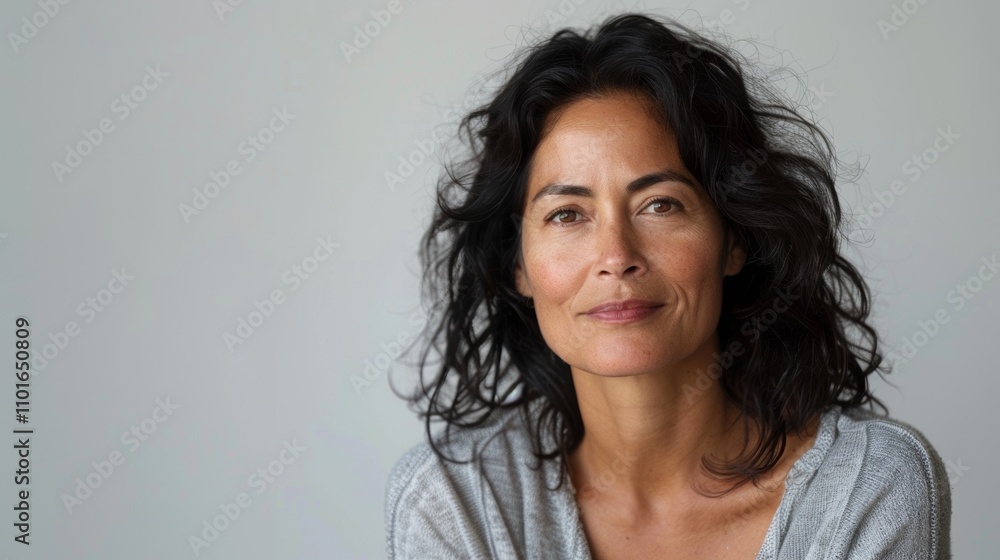 Fototapeta premium The image features a woman with dark wavy hair and a light gray sweater posing in front Of a plain white wall.