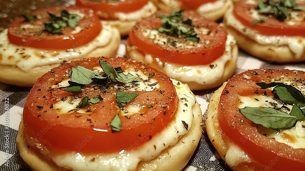 Close-up view of freshly baked mini pizzas featuring tomato slices, oregano, and basil garnishes on a classic checkered tablecloth. Close-up view of freshly baked mini pizzas featuring tomato slices, oregano, and basil garnishes on a classic checkered tablecloth.