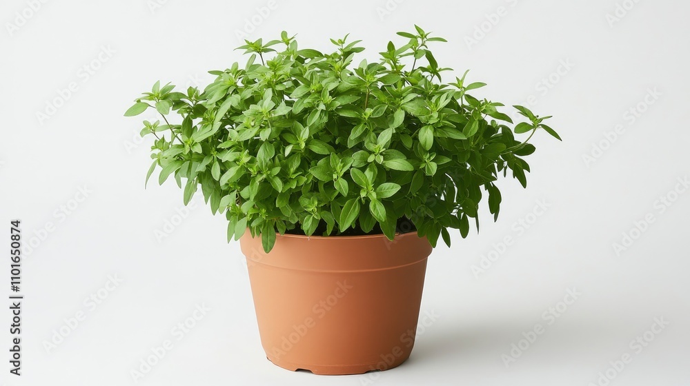 Lush curry plant in a terracotta pot, viewed from the front, showcasing vibrant green leaves against a clean white backdrop. Lush curry plant in a terracotta pot, viewed from the front, showcasing vibrant green leaves against a clean white backdrop.