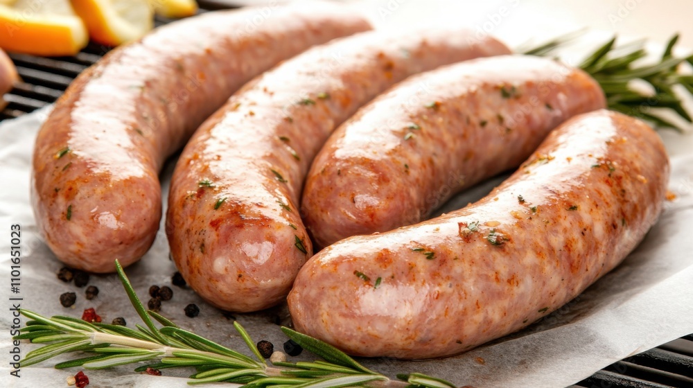 Freshly Made Delicious Sausages with Herbs and Spices on a Grill Ready for Barbecue in Natural Light Setting Freshly Made Delicious Sausages with Herbs and Spices on a Grill Ready for Barbecue in Natural Light Setting