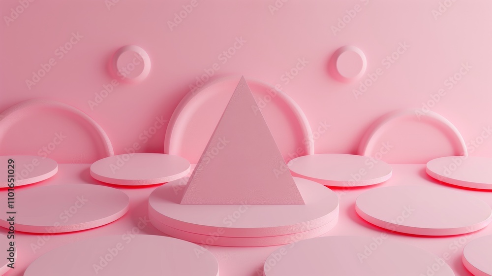 Fototapeta premium A central pink triangle stands tall amid layered circular forms in a harmonious, geometric arrangement. This pastel-hued 3D rendering creates a sense of order and tranquility, perfect for abstract